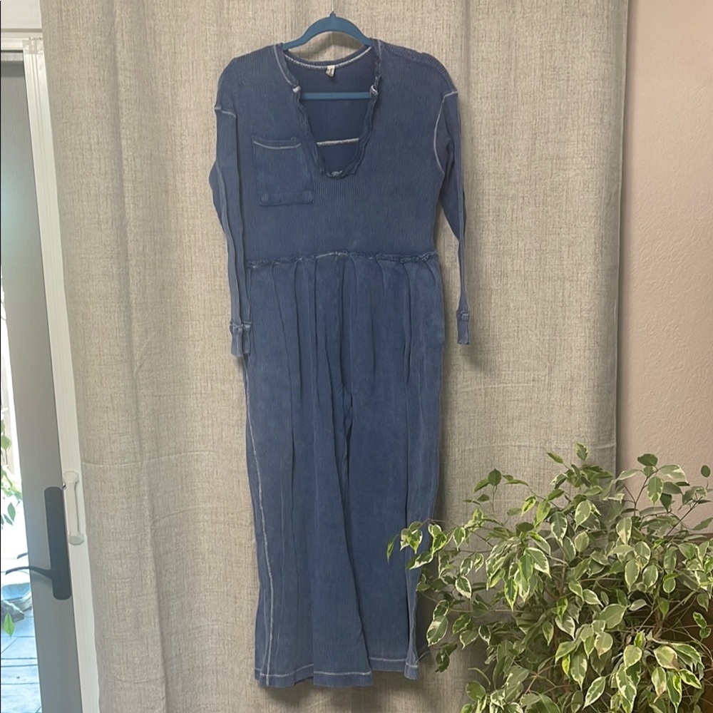 Free People Blue V-Neck 3/4 Sleeve Dress